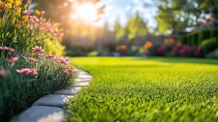 Obraz premium Lush Green Lawn with Blooming Flowers in a Sunlit Garden