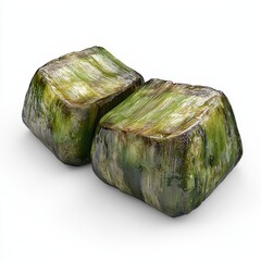 Close-up of Fresh Green Rice Cakes Wrapped in Leaves on a Plain Background