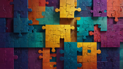A vibrant abstract illustration of an interlocking puzzle design, featuring geometric shapes in varying sizes and colors, with a gradient blending of blues, purples, and yellows to create depth and te
