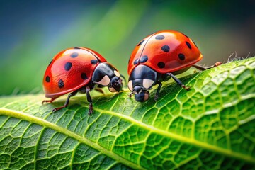 Fototapeta premium Ladybug Couple on Green Leaf - High Depth of Field Macro Photography Stock Photo