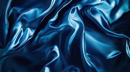 Obraz premium Beautiful Dark Blue Silk Satin Background with Soft Folds on Shiny Fabric. Luxury Background with Space for Design. Web Banner. Flat Lay, Table Top View.