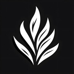 A stylized, symmetrical, white leaf design against a solid black background.