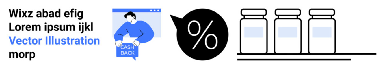 Person holding Cash Back sign, discount speech bubble with symbol, three jars on shelf. Ideal for advertising, e-commerce, finance, promotions, sales, retail, product display. Landing page