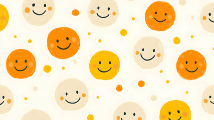 Fototapeta premium Cheerful seamless pattern featuring hand-drawn smiley faces in orange and beige, perfect for bright backgrounds and joyful designs.