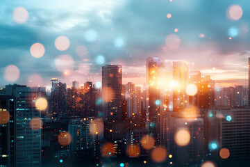 Obraz premium Modern Cityscape with Glowing Antioxidant Molecule Patterns on Buildings 