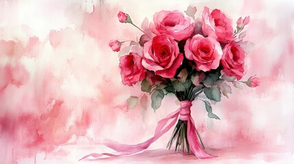 Loosely Painted Watercolor Bouquet of Pink Roses on Soft Background