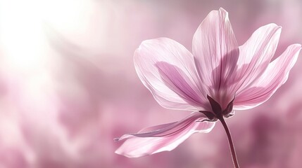 Fototapeta premium Delicate pink flower with soft translucent petals, captured in soft, diffused light, creating a dreamy, ethereal atmosphere, highlighting the beauty of nature in a blurred background