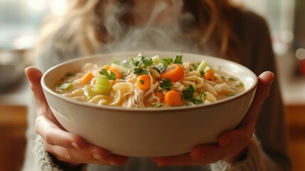 Steaming Bowl of Chicken Noodle Soup with Fresh Vegetables