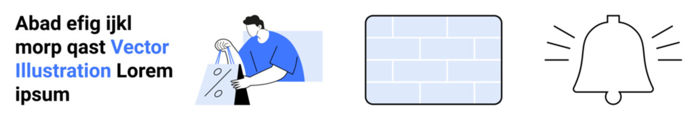 Person using a telescope, abstract rectangle with gradient fill, ringing bell icon. Ideal for technology, communication, notifications, discovery, exploration digital content modern design. Landing