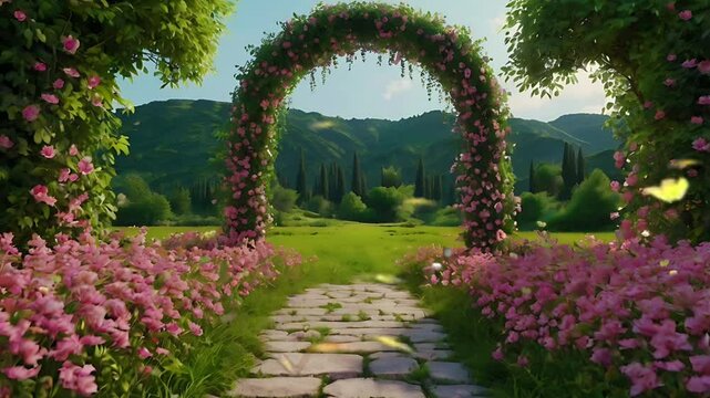 A path amidst flower beds with floral arches. Seamless 4K looping timelapse video animation background