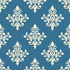 Fototapeta premium Elegant vintage damask pattern on a rich blue background with intricate floral designs in soft cream, perfect for interior design, wallpapers, and traditional home decor