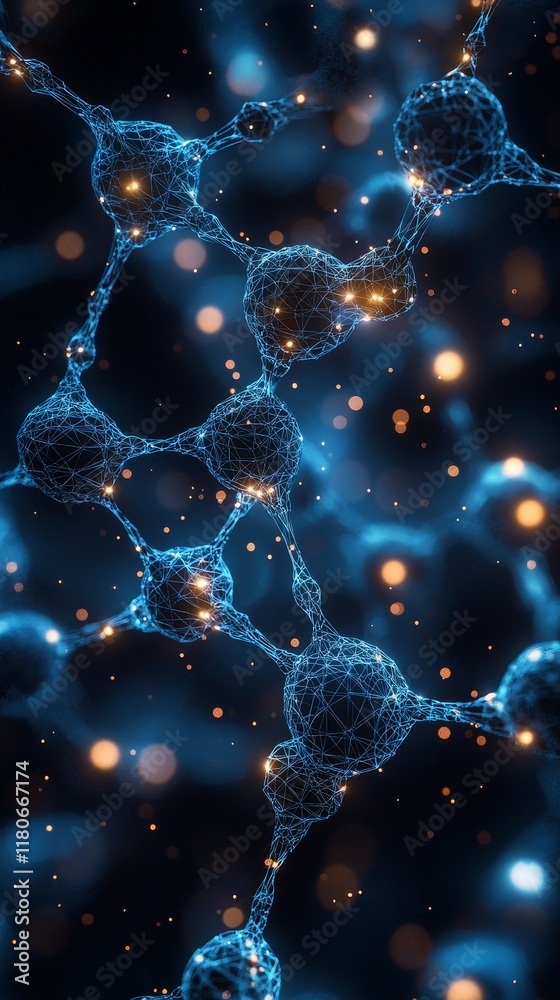 Poster abstract digital rendering of molecular structures with glowing connections and particles