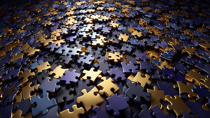 Obraz premium A dynamic abstract background of puzzle pieces breaking apart and reforming in a chaotic yet harmonious dance.