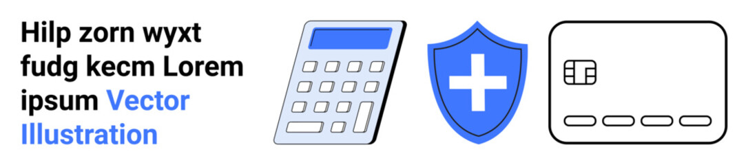 Obraz premium Calculator, health shield with cross, and credit card icons next to placeholder text. Ideal for finance, healthcare, insurance, medical savings, budgeting, security and landing page