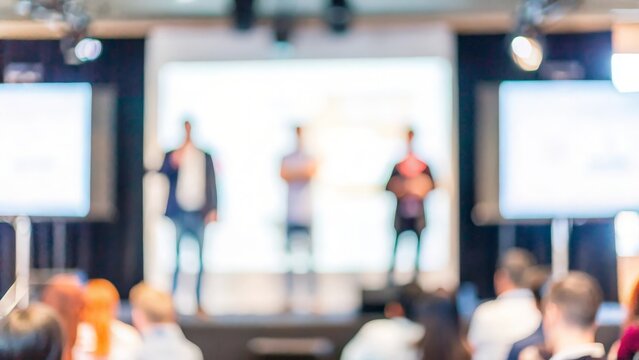 Startup Pitch Event Blur – A blurred scene of an energetic startup pitch event with entrepreneurs presenting their ideas.
