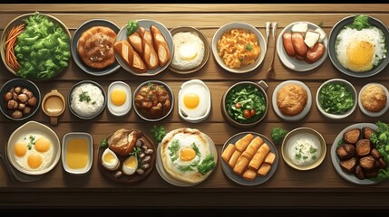 Overhead view of various breakfast foods arranged on a wooden table.