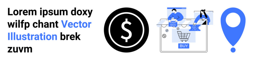 Cartoon characters engaged in online shopping. Black dollar sign. Blue location marker. Ideal for e-commerce, market research, sales strategies, financial analysis, retail, consumer behavior