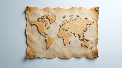 A detailed world map, crafted from light brown wood or cardboard, is laid out on a textured, aged piece of parchment-like paper.