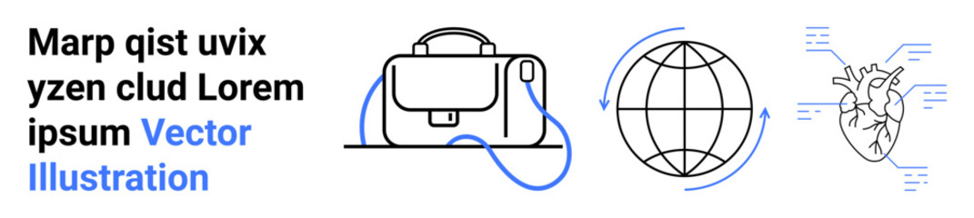 Bag with handle, digital globe, and anatomical heart connected by lines. Ideal for travel, technology, education, healthcare, media, globalization, science Landing page