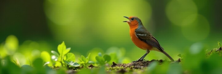 Fototapeta premium Common nightingale in natural woodland setting, singing melodically , photography, macro