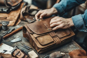 Close-up of craftsman's hands working on a brown leather bag.