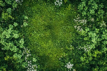 Lush green grass patch framed by clover and wildflowers. Ideal for nature, spring, or eco-friendly designs.