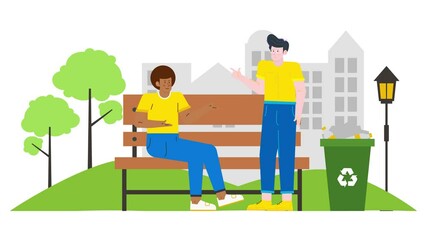 friends having conversation in park bench with city background, business illustration animated video