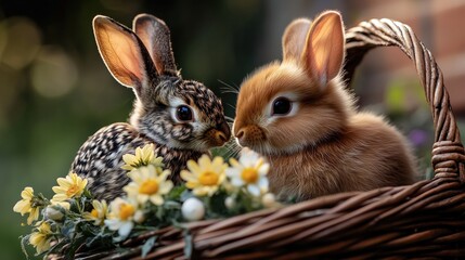 Obraz premium A bunny and a chick sitting together in a basket filled with fresh spring flowers