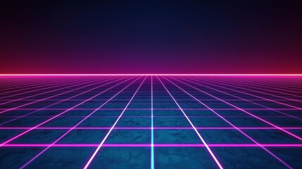 A vibrant digital landscape featuring a grid pattern with neon pink lines against a dark gradient background, evoking a retro-futuristic aesthetic.