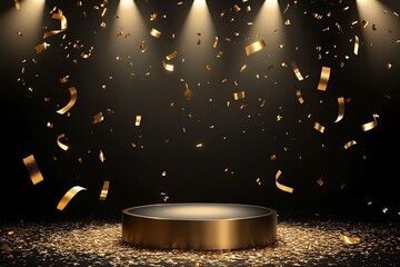 Golden podium with a golden circle illuminated on a black background, an award ceremony concept for illustration vector design. A golden, shimmering round frame on a stage pedestal stand with light an