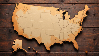 USA map silhouette on rustic wooden background with textured paper design for artistic presentation