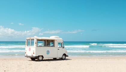 Ice cream truck on sandy beach with ocean view and blue sky for summer indulgence experience