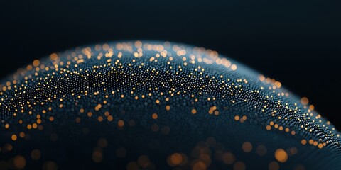 A close-up view of a textured surface illuminated by tiny golden particles against a dark background, creating a mesmerizing and ethereal effect.