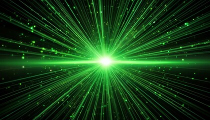 Obraz premium Bright green light effect with rays and highlights, glow particle, black background