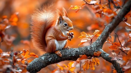 Obraz premium Cute Red Squirrel Nibbling on Acorn Surrounded by Vibrant Autumn Foliage