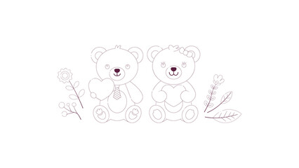 Naklejka premium Cute Teddy Bear Couple Line Art Vector