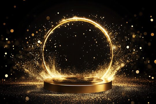 Golden podium with a golden circle illuminated on a black background, an award ceremony concept for illustration vector design. A golden, shimmering round frame on a stage pedestal stand with light an
