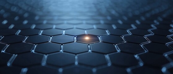 Fototapeta premium A close-up view of a hexagonal pattern with a glowing center, showcasing a sleek, futuristic design in dark tones.