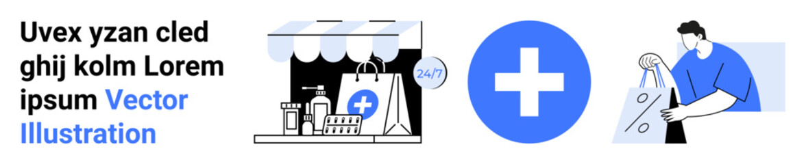 Online store with healthcare products, delivery package with medical cross, and a person receiving a package. Ideal for e-commerce, healthcare, delivery services, online shopping, customer service