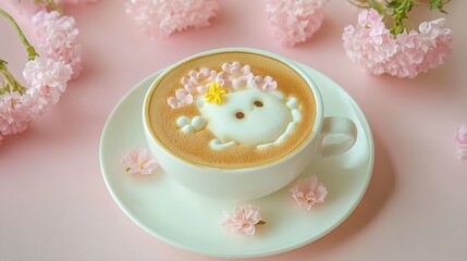 Exquisite Latte Art Coffee with a Cake and Delicate Flowers. Aesthetic and Appetizing Breakfast or Coffee Break Scene.