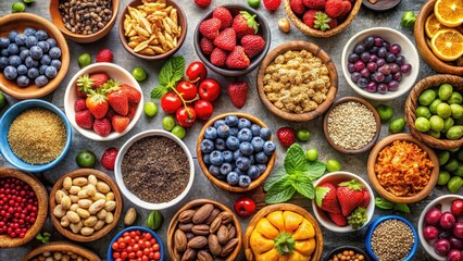 A Bountiful Collection of Vibrant and Nutritious Foods Featuring an Array of Colorful Fruits, Seeds, and Nuts Arranged in Wooden Bowls on a Textured Surface