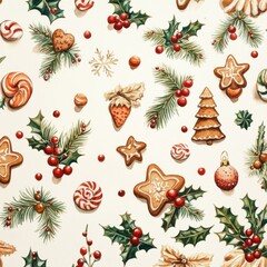 Festive Christmas Pattern with Gingerbread and Ornaments