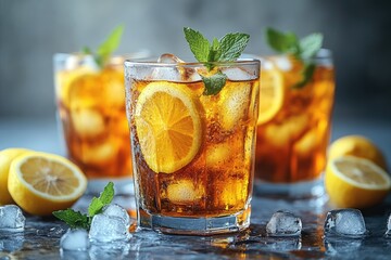 Fototapeta premium Iced tea with lemon and mint in glass. Perfect for summer refreshment, menus, or blogs.