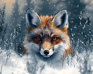Obraz premium Curious Fox Peeking from Snowy Forest Blending in Soft White Landscape