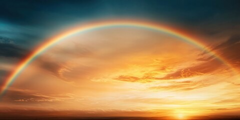 Fototapeta premium A vibrant rainbow arches over a stunning sunset, blending warm hues with a dramatic sky, creating a serene and picturesque scene.