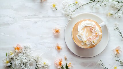 Exquisite Latte Art Coffee with a Cake and Delicate Flowers. Aesthetic and Appetizing Breakfast or Coffee Break Scene.