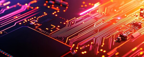 A vibrant close-up of a circuit board, showcasing intricate pathways and glowing elements in red and purple hues, emphasizing technology and innovation.
