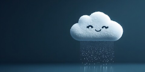 Whimsical and serene rainy cloud pouring a cascade of water droplets on a dark moody background  This conceptual minimalist represents the calming soothing nature of a gentle rainfall