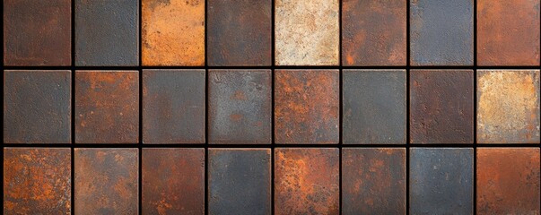 A grid of square tiles displaying various shades of brown, gray, and rust, showcasing a textured and rustic appearance.