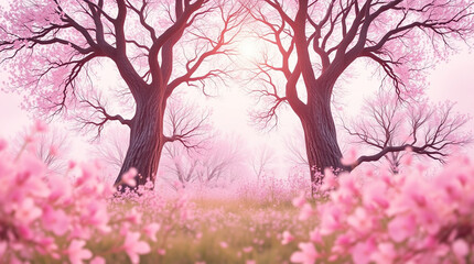 Pink blossoms frame two majestic trees in a dreamy, ethereal landscape. Soft light bathes the scene in a romantic glow.